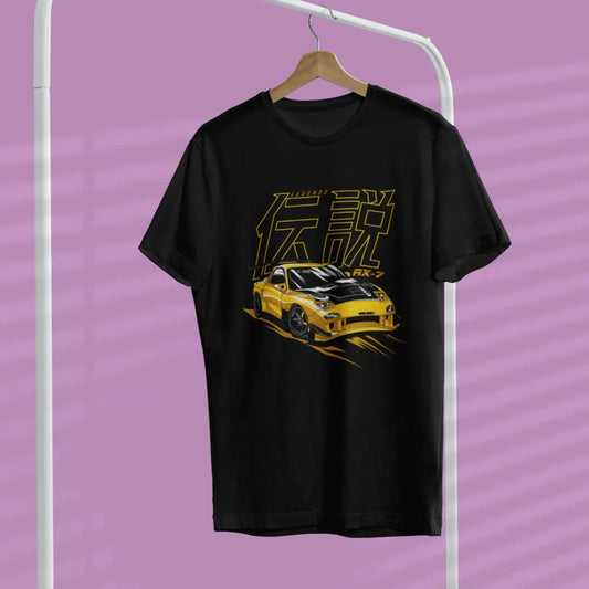 Black t-shirt with yellow graphic design on a hanger against a purple background