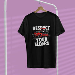 Black t-shirt with graphic design and text on a hanger against a purple background