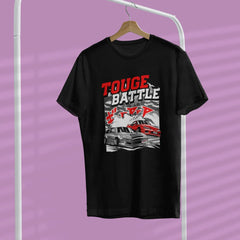 Black t-shirt with graphic design and text on a hanger against a purple background