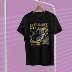 Black t-shirt with a gold car graphic and text on a hanger against a purple background