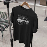 Black t-shirt with car graphic and 'Lamborghini' text on a hanger.