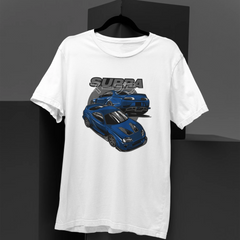 White t-shirt with blue car graphic and 'SUPEGA' text on a black background