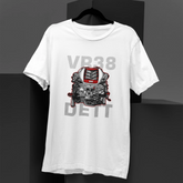 White t-shirt with VR38DET1 graphic design on a black background
