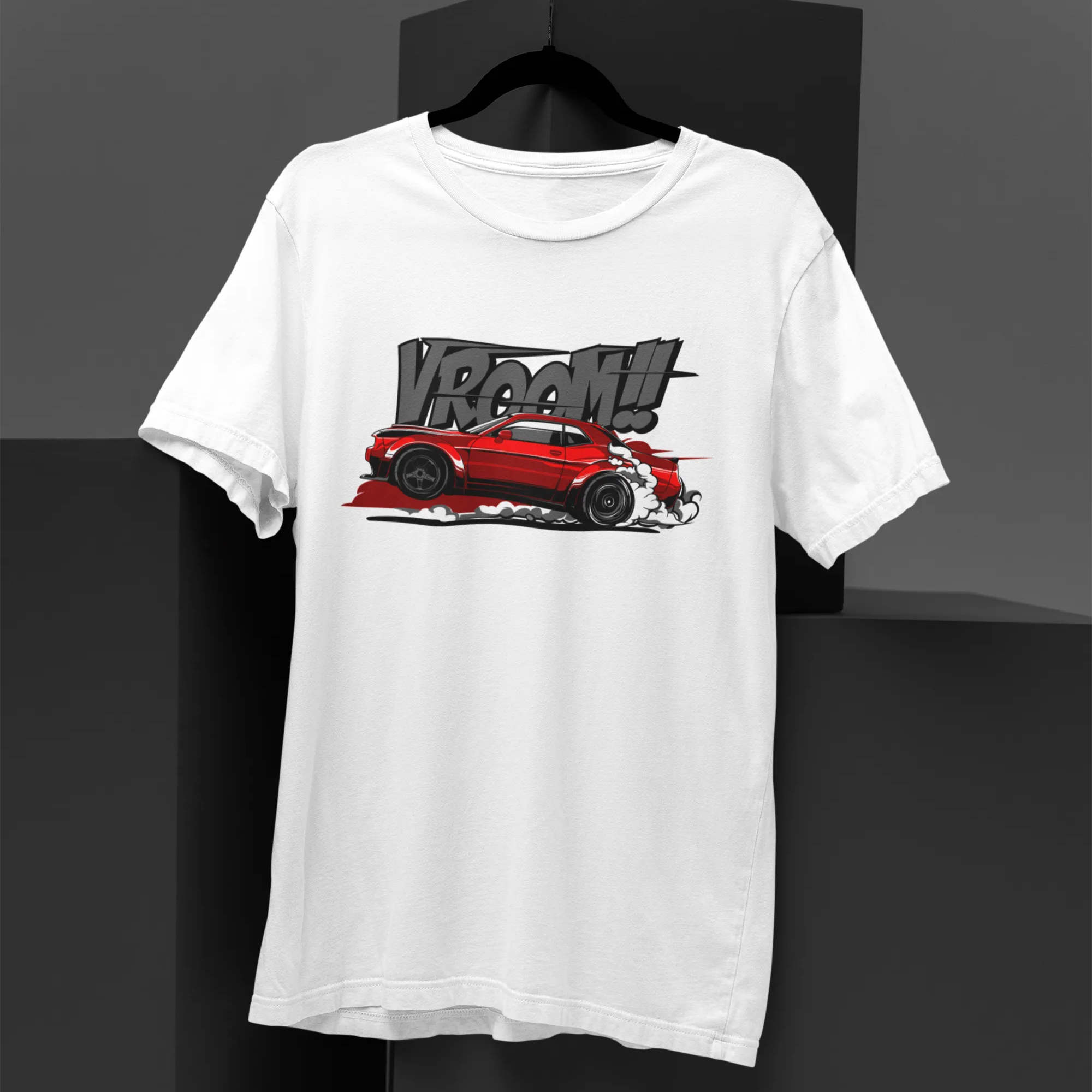 White t-shirt with a red car graphic and 'Vroom' text on a black background