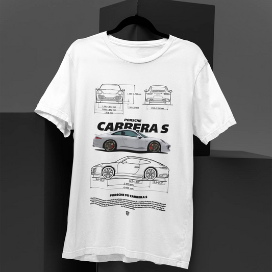 White t-shirt with car design on a black background