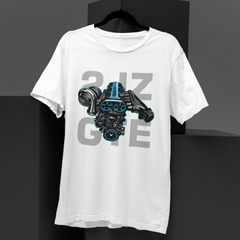 White t-shirt with engine graphic and text on a black background