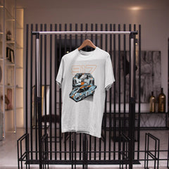 White t-shirt with graphic design on a black metal rack in a store setting