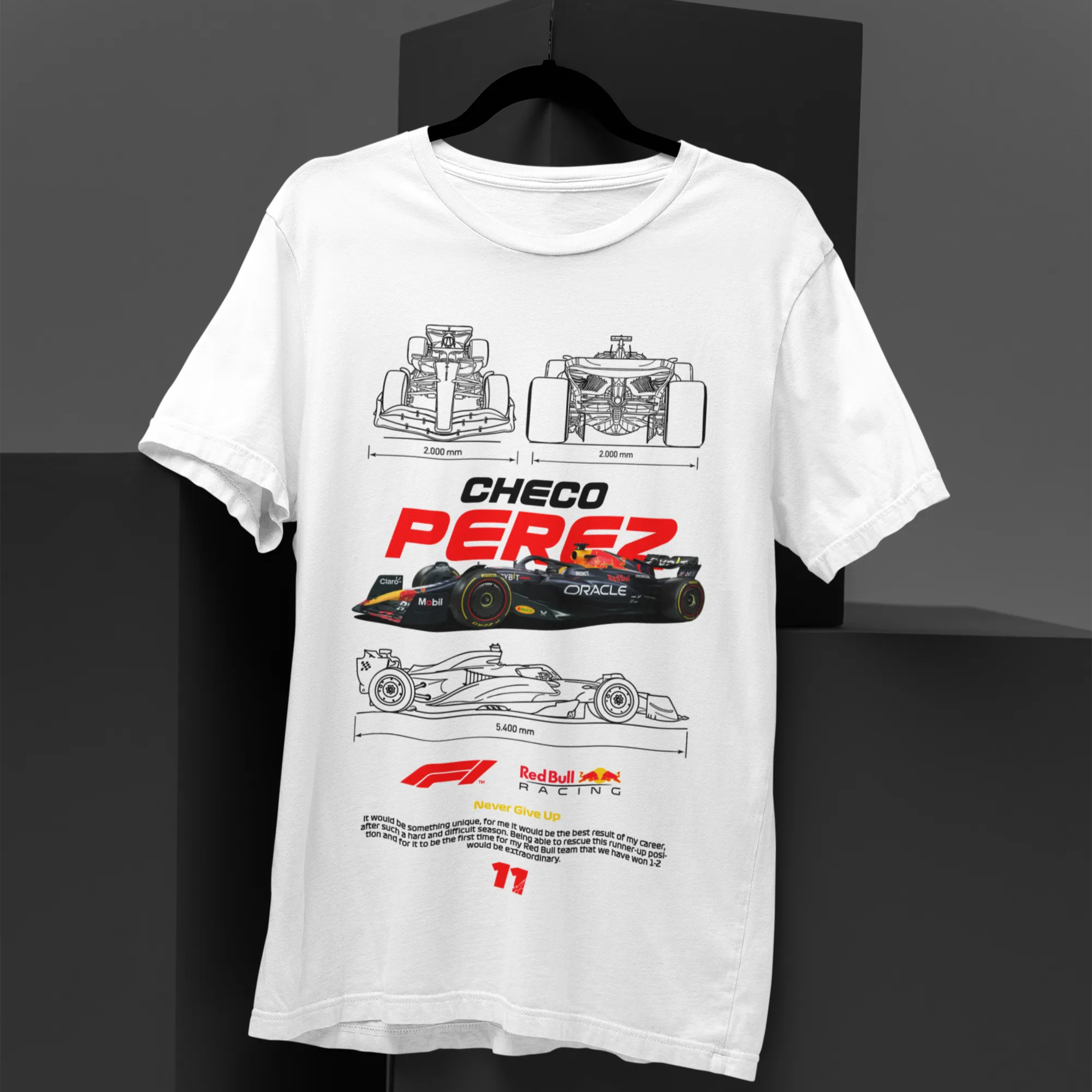 White t-shirt with racing-themed graphics and text on a black background