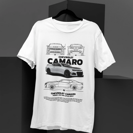 White t-shirt with Chevrolet Camaro graphics on a black background