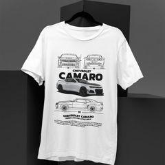 White t-shirt with Chevrolet Camaro graphics on a black background