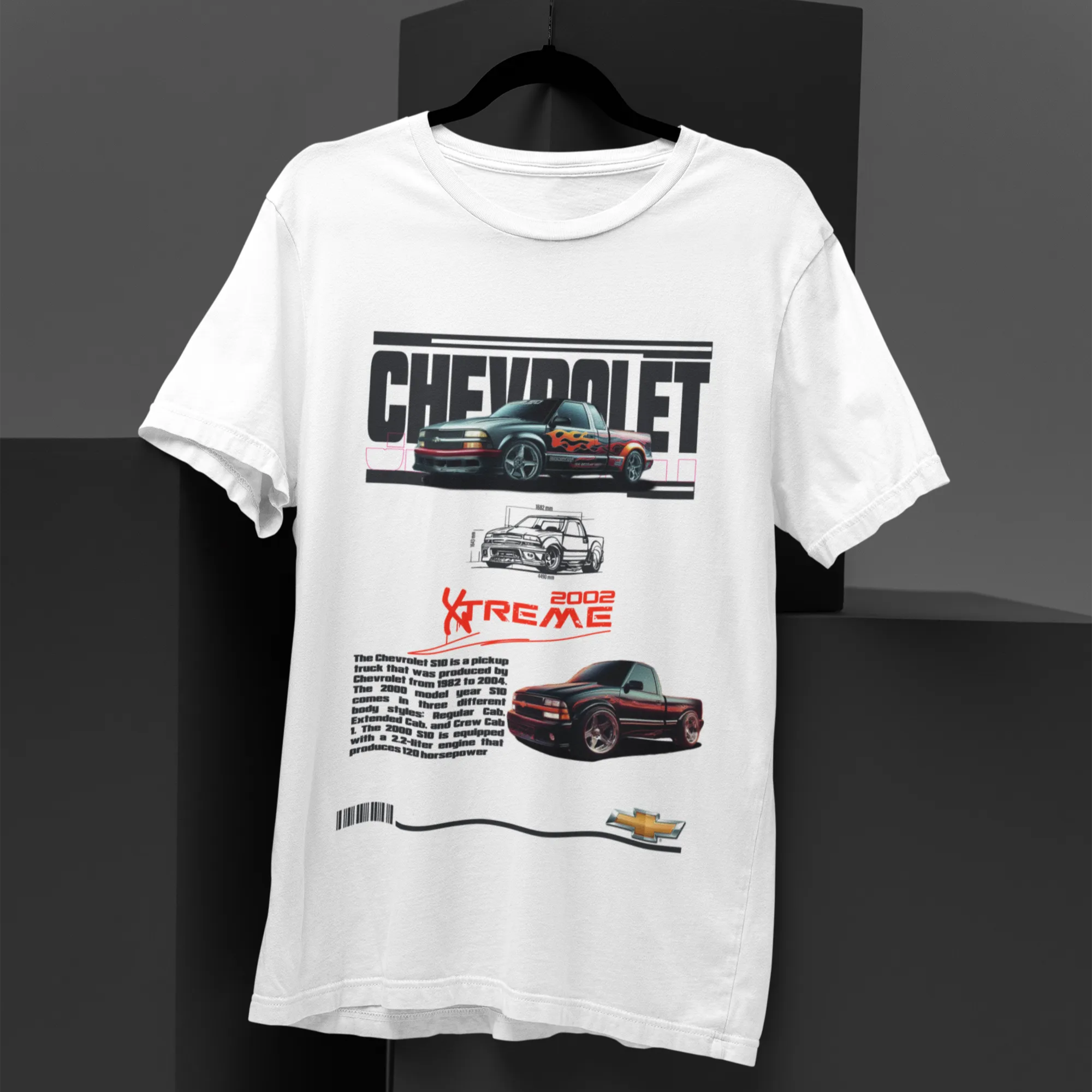 White t-shirt with Chevrolet graphics on a black background
