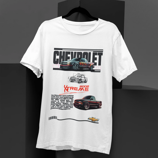 White t-shirt with Chevrolet graphics on a black background