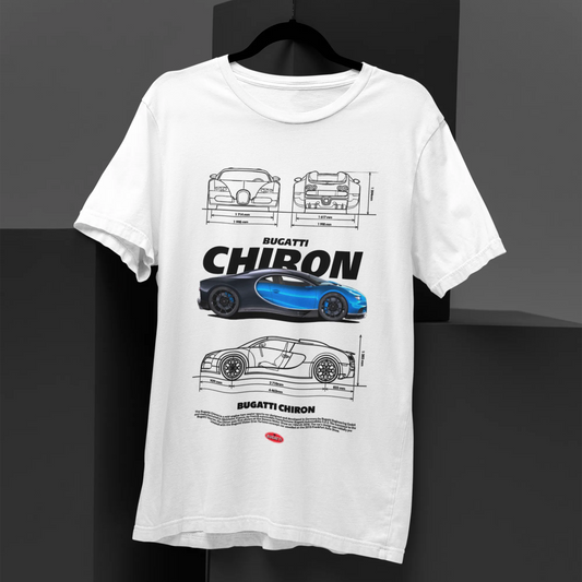 White t-shirt with Bugatti Chiron graphic design on a black background