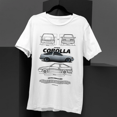 White t-shirt with Toyota Corolla illustrations on a black background