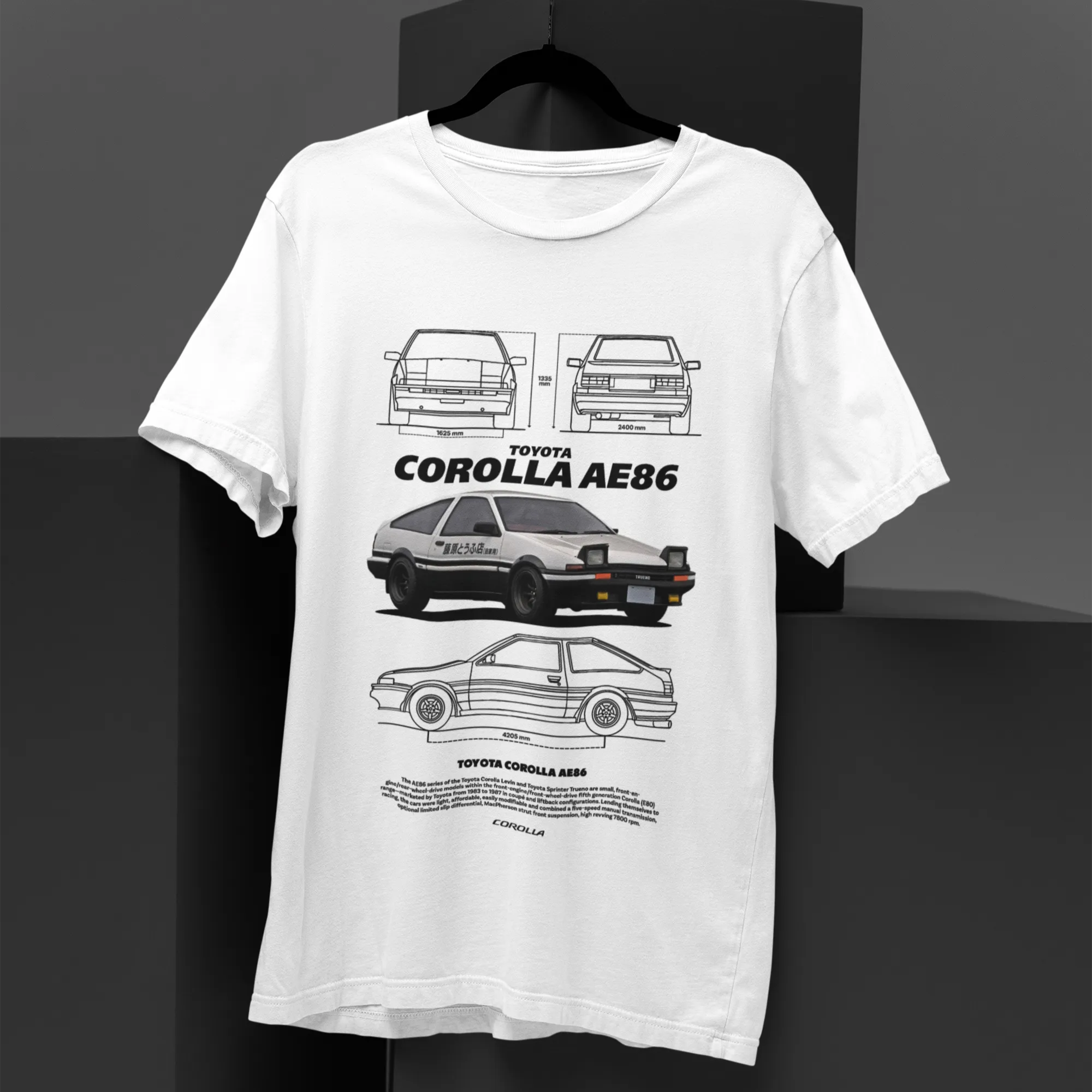 White t-shirt with Toyota Corolla AE86 design on a black background