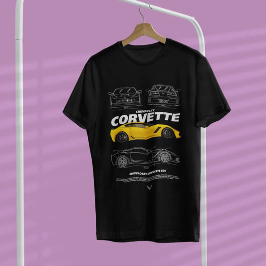 Black t-shirt with Corvette design on a hanger against a purple background