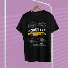 Black t-shirt with Corvette design on a hanger against a purple background