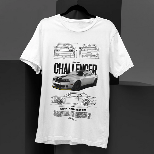 White t-shirt with car graphics and text on a black background