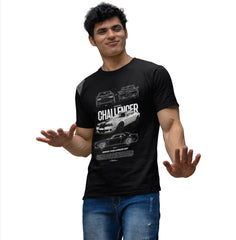 Man wearing a black t-shirt with 'Challenger' graphic design on a white background