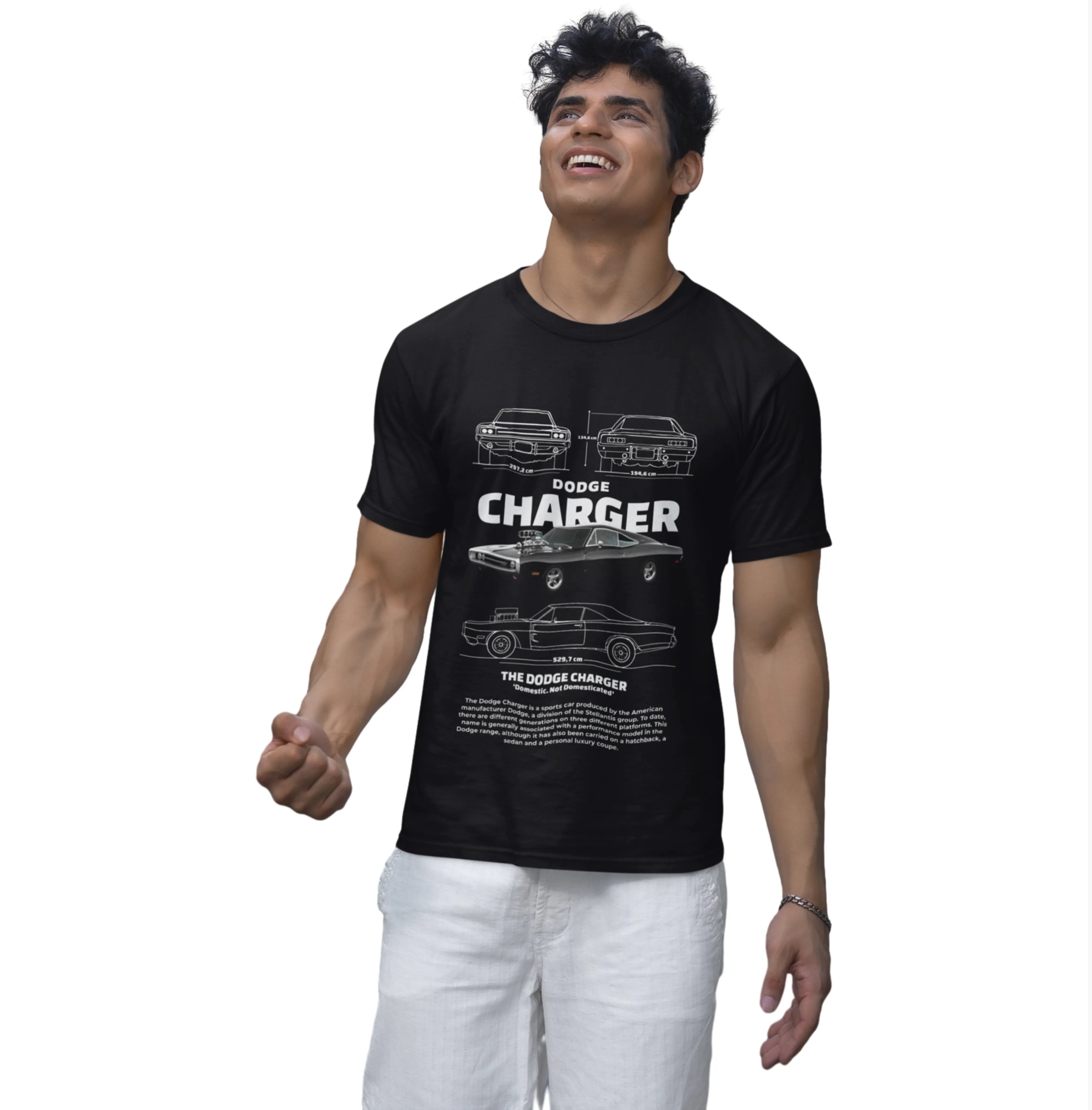 Man wearing a black t-shirt with a Dodge Charger graphic design on a white background