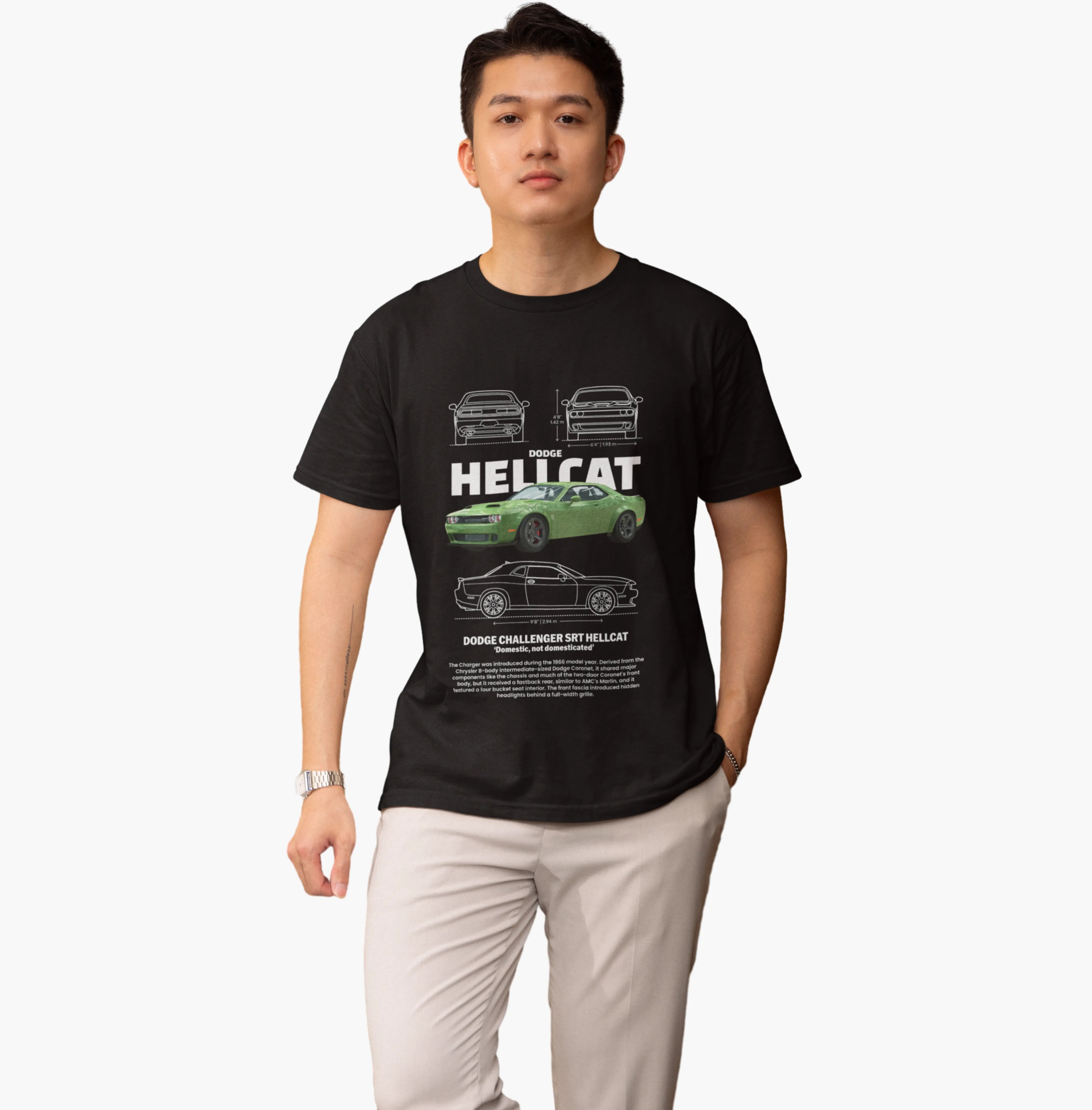 Person wearing a black t-shirt with a graphic design on a white background