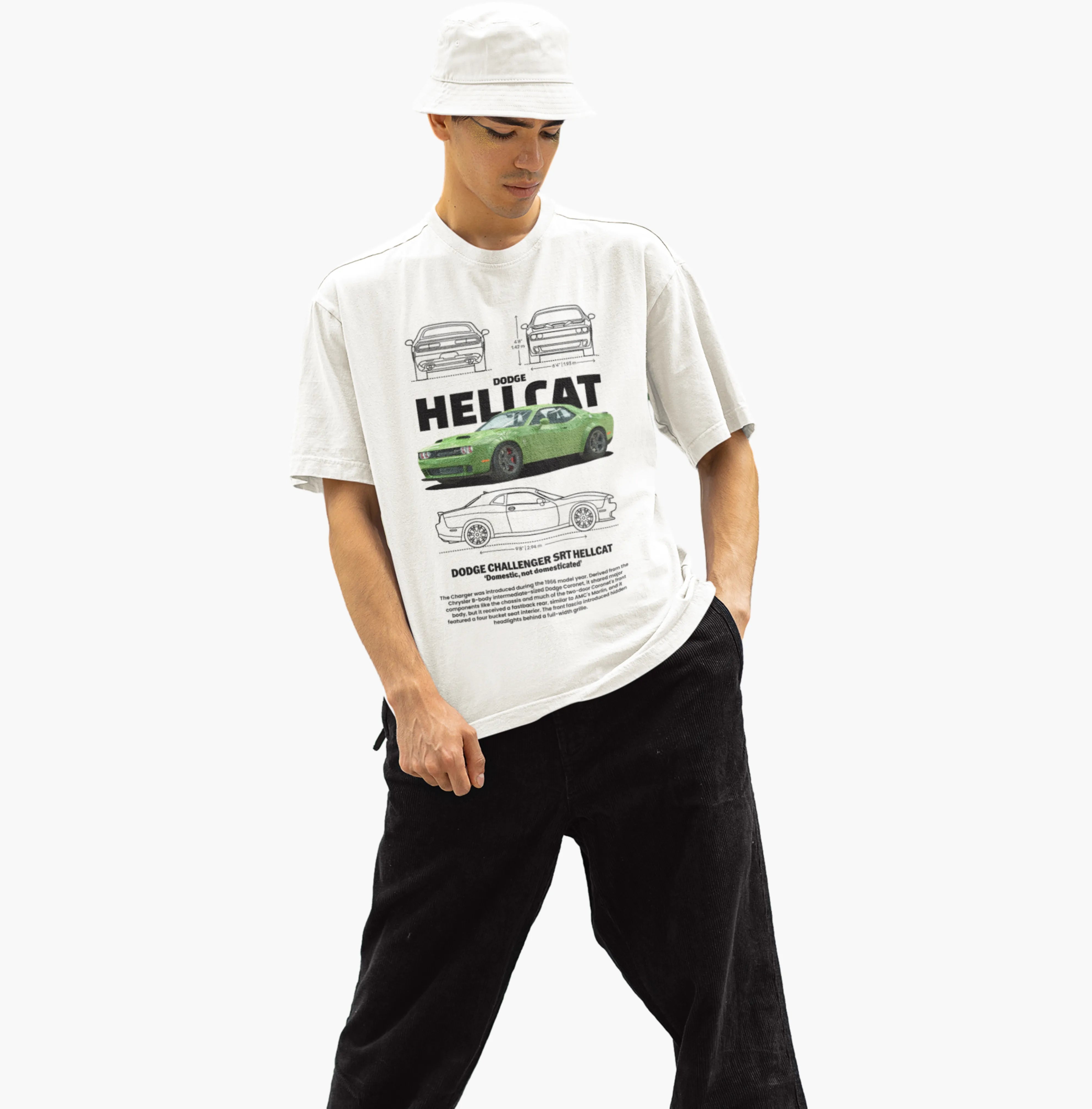 Person wearing a white t-shirt with car graphics and text on a white background