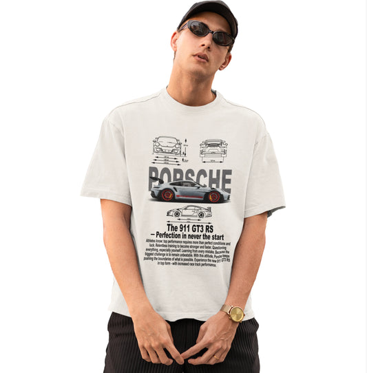Person wearing a white t-shirt with Porsche graphics and text on a white background