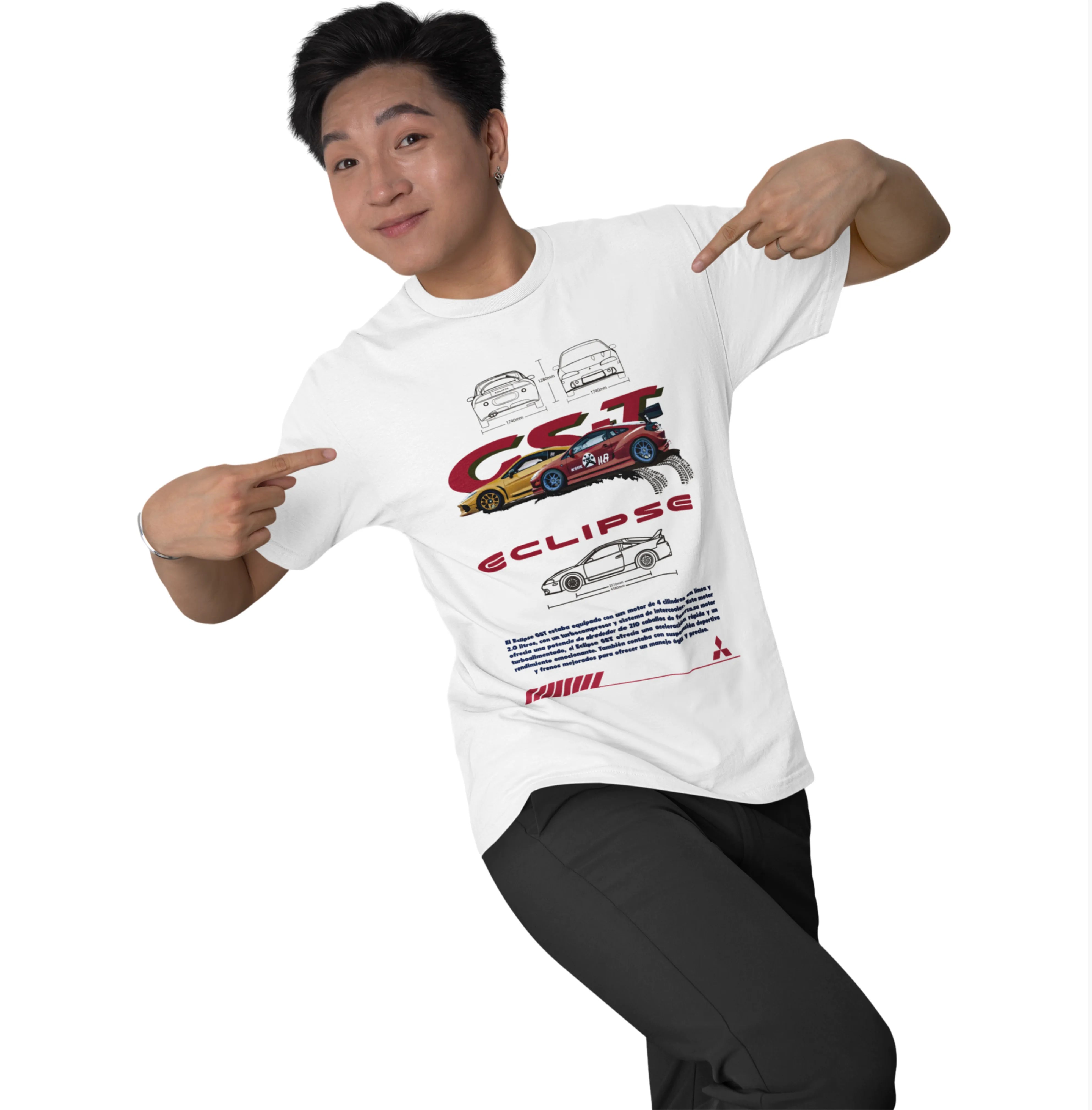 Person wearing a white t-shirt with car graphics and text, pointing at the design.