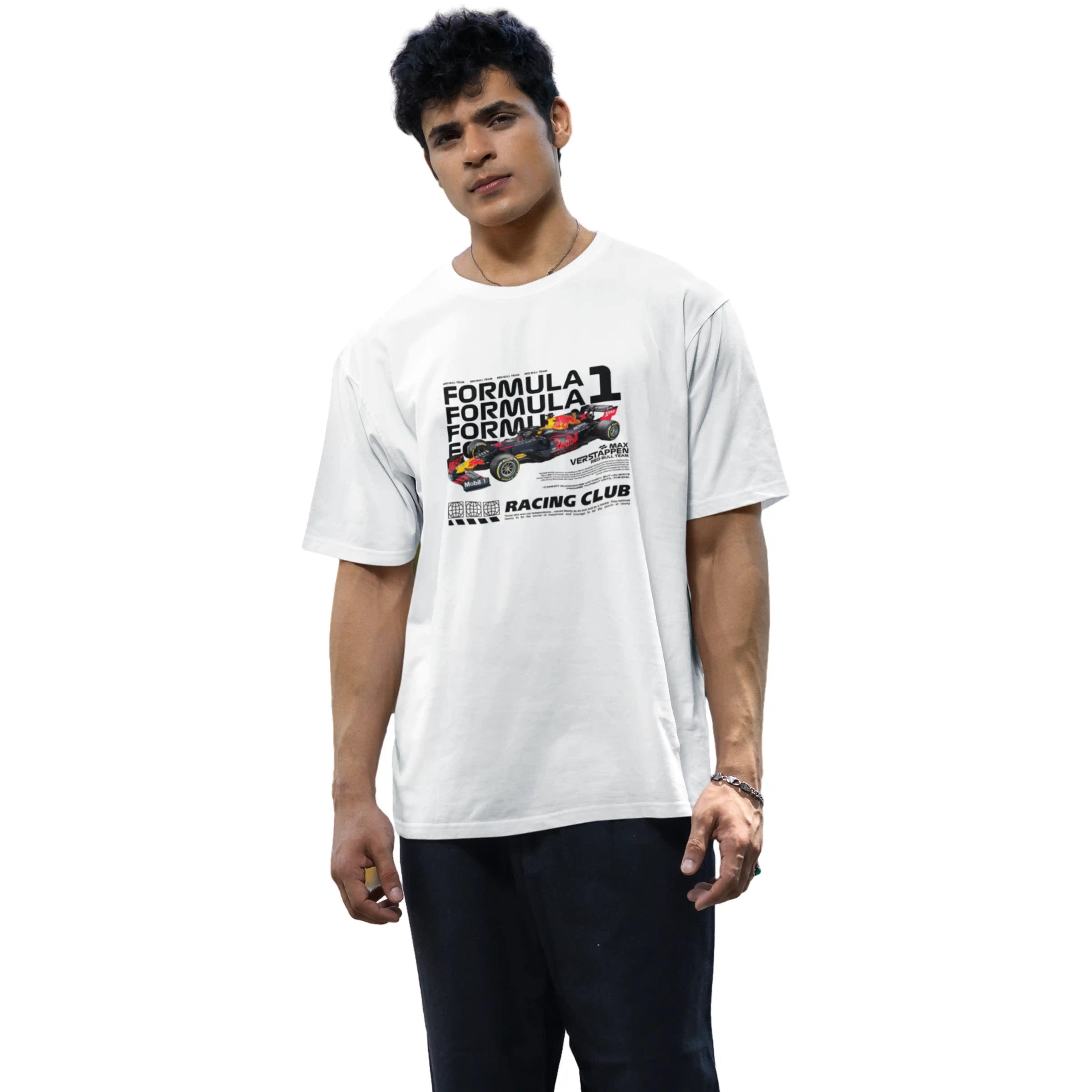 Person wearing a white Formula 1 t-shirt on a white background