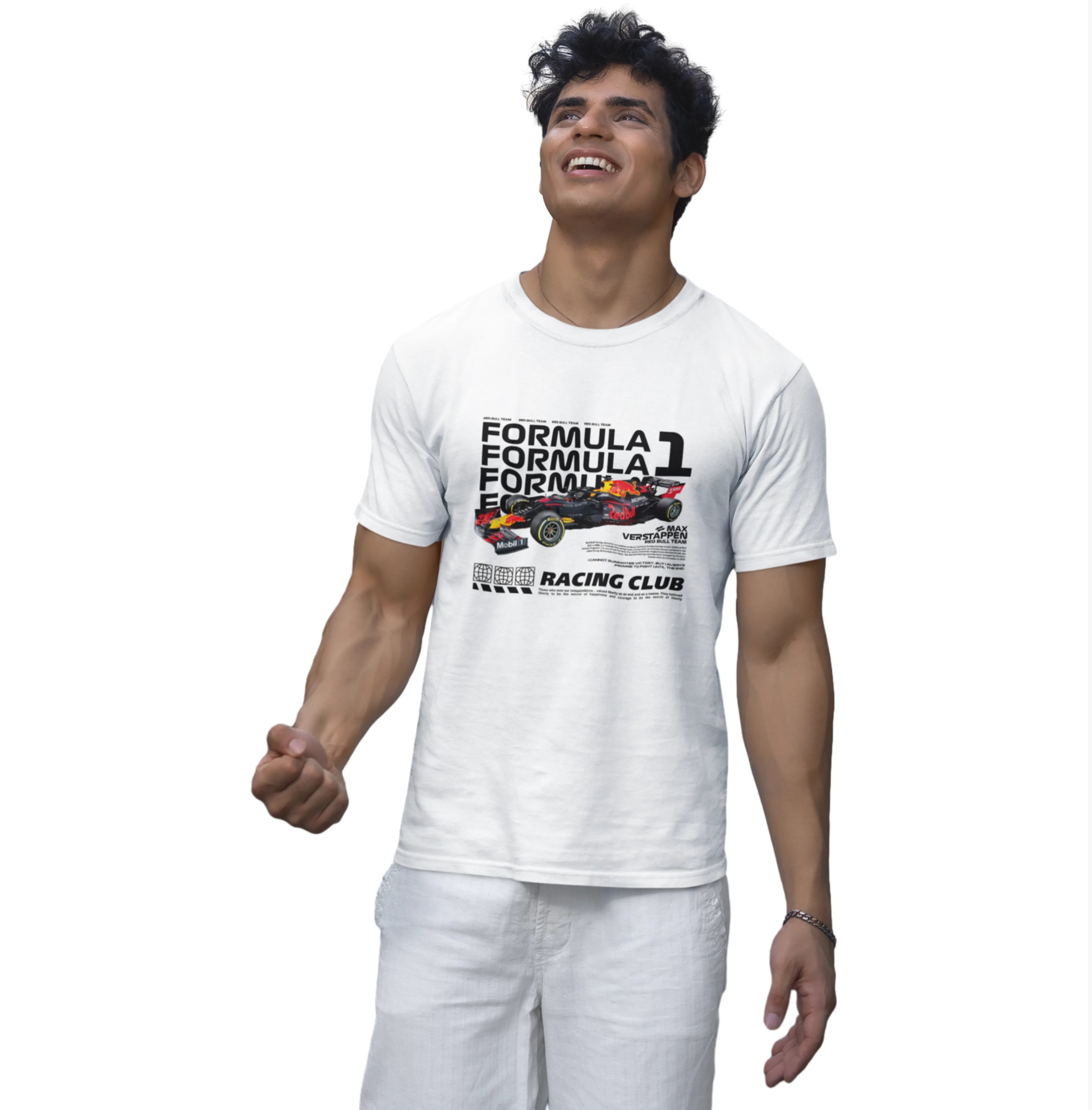 Man wearing a white t-shirt with Formula 1 graphics on a white background