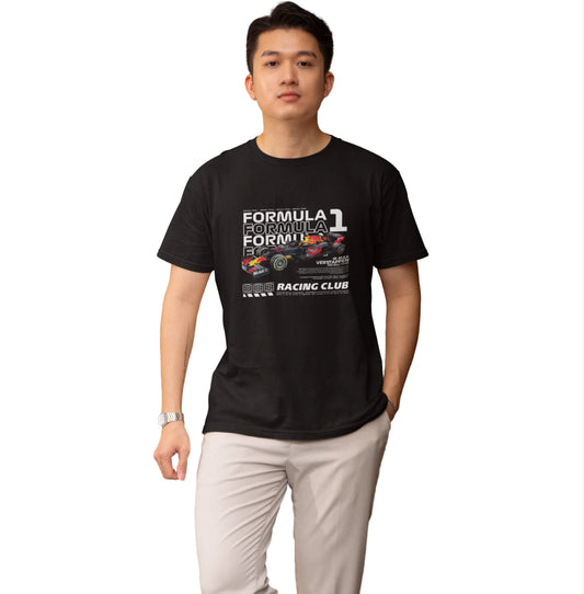 Person wearing a black Formula 1 racing club t-shirt on a white background