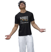 Man wearing a black Formula 1-themed t-shirt on a white background