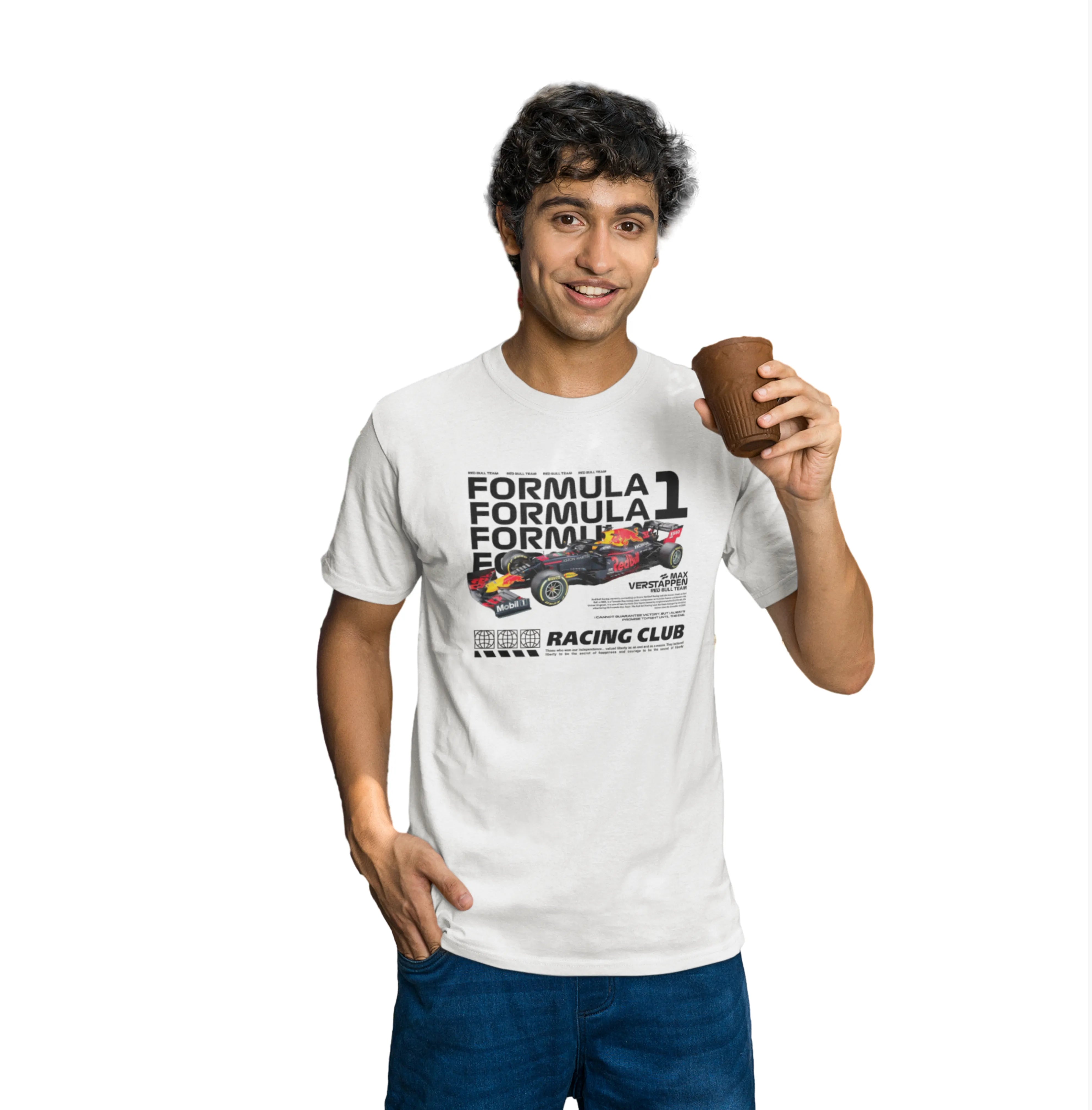 Man wearing a Formula 1-themed t-shirt holding a cup on a white background