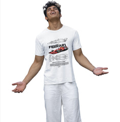 Person wearing a white t-shirt with Ferrari logo and design on a white background