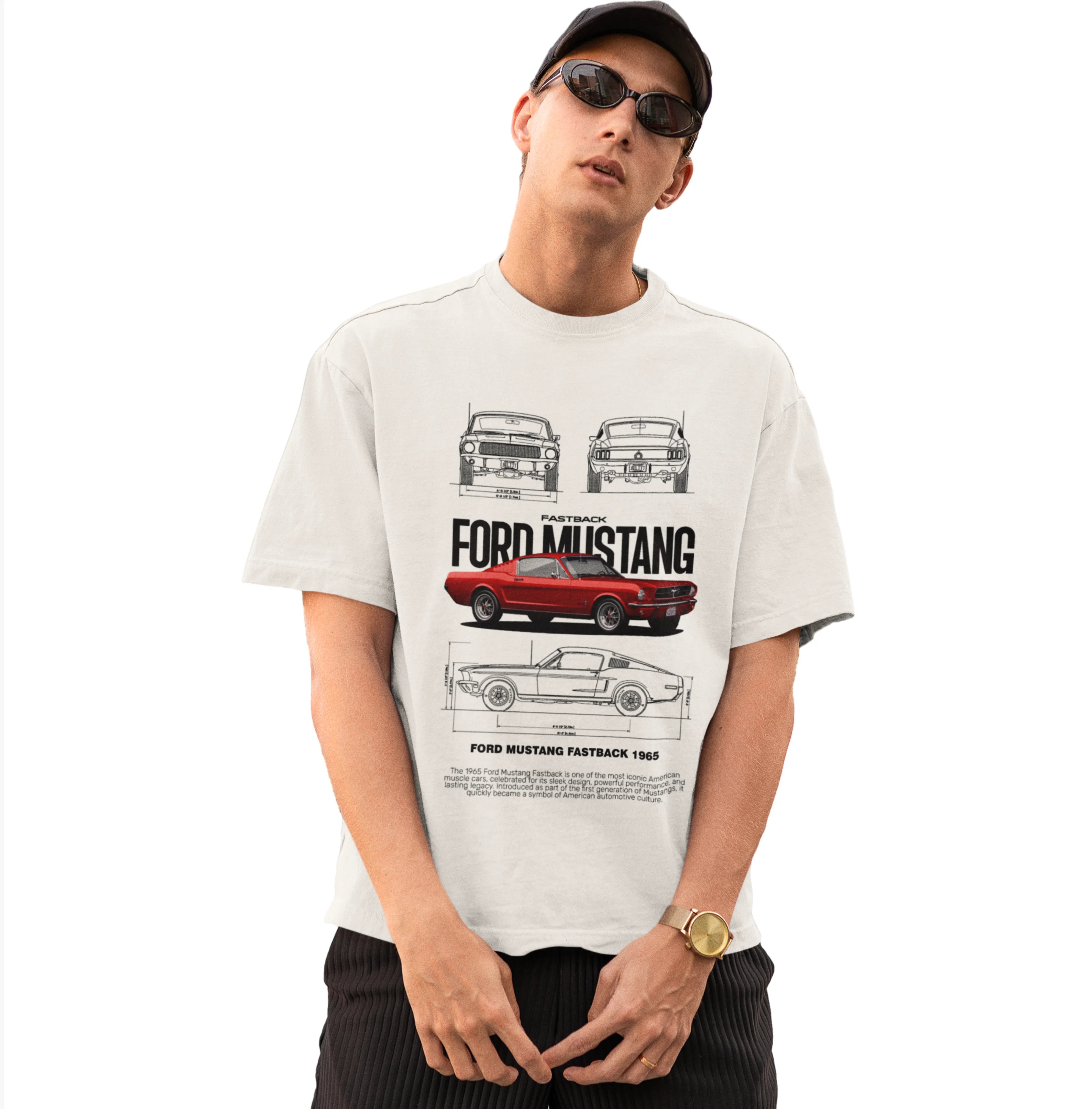 Person wearing a t-shirt with Ford Mustang graphics on a white background