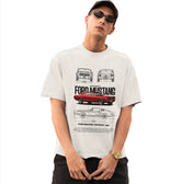 Person wearing a t-shirt with Ford Mustang graphics on a white background