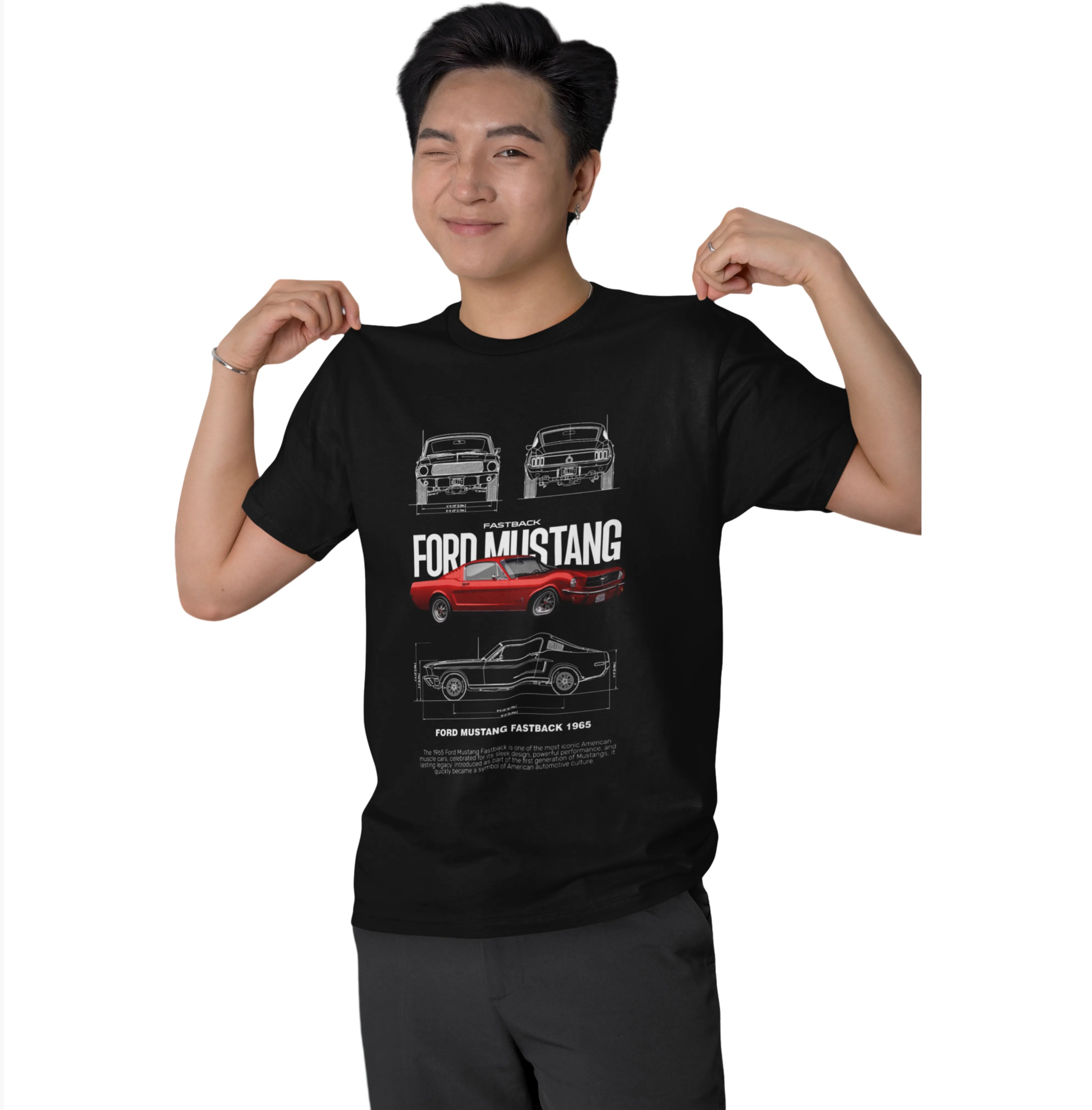 Person wearing a black t-shirt with Ford Mustang graphic design