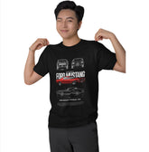 Person wearing a black t-shirt with Ford Mustang graphic design