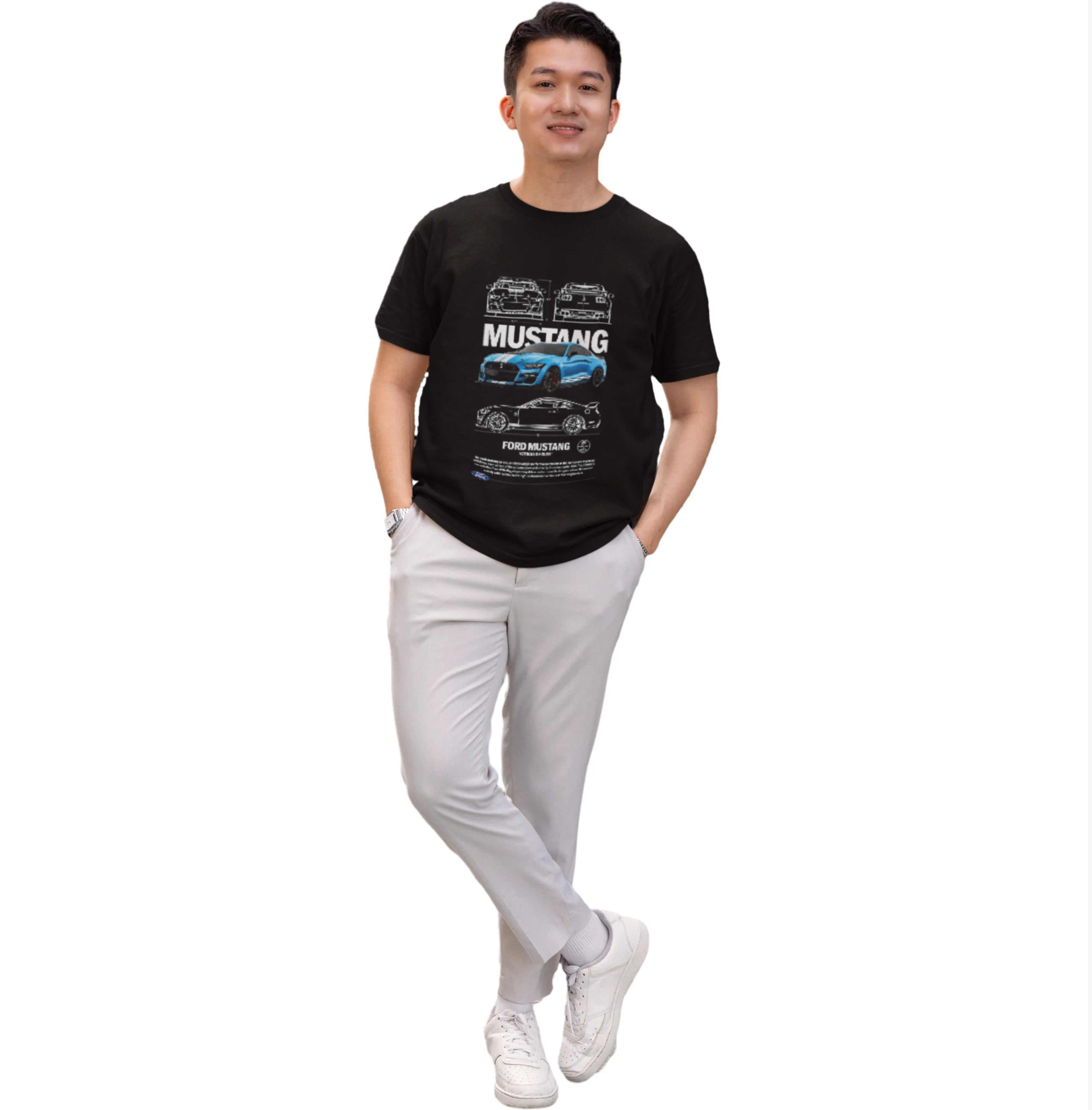 Person wearing a black t-shirt with 'Mustang' design on a white background
