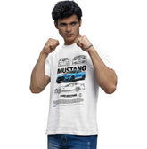 Man wearing a white t-shirt with Ford Mustang graphics on a white background