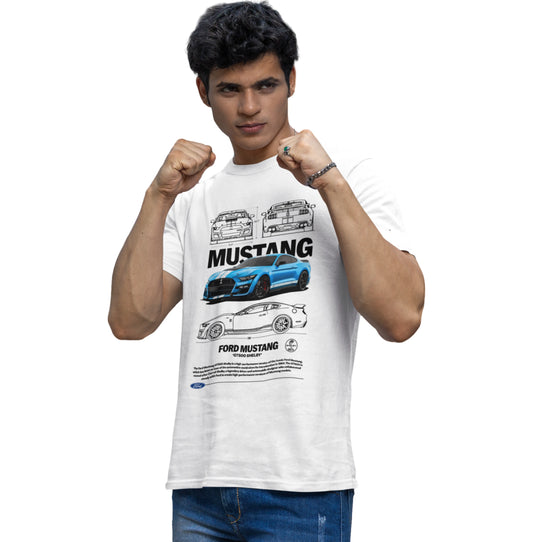 Man wearing a white t-shirt with Ford Mustang graphics on a white background