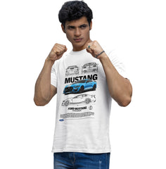 Man wearing a white t-shirt with Ford Mustang graphics on a white background