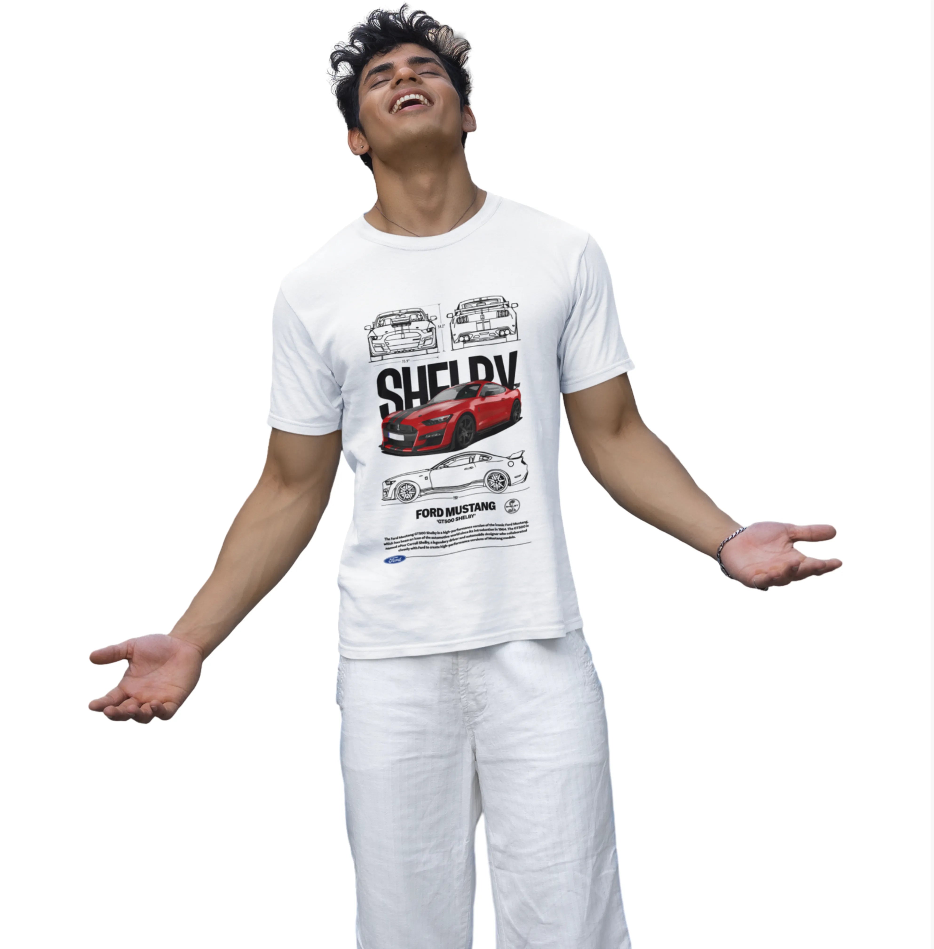 Person wearing a white t-shirt with car graphics on a white background