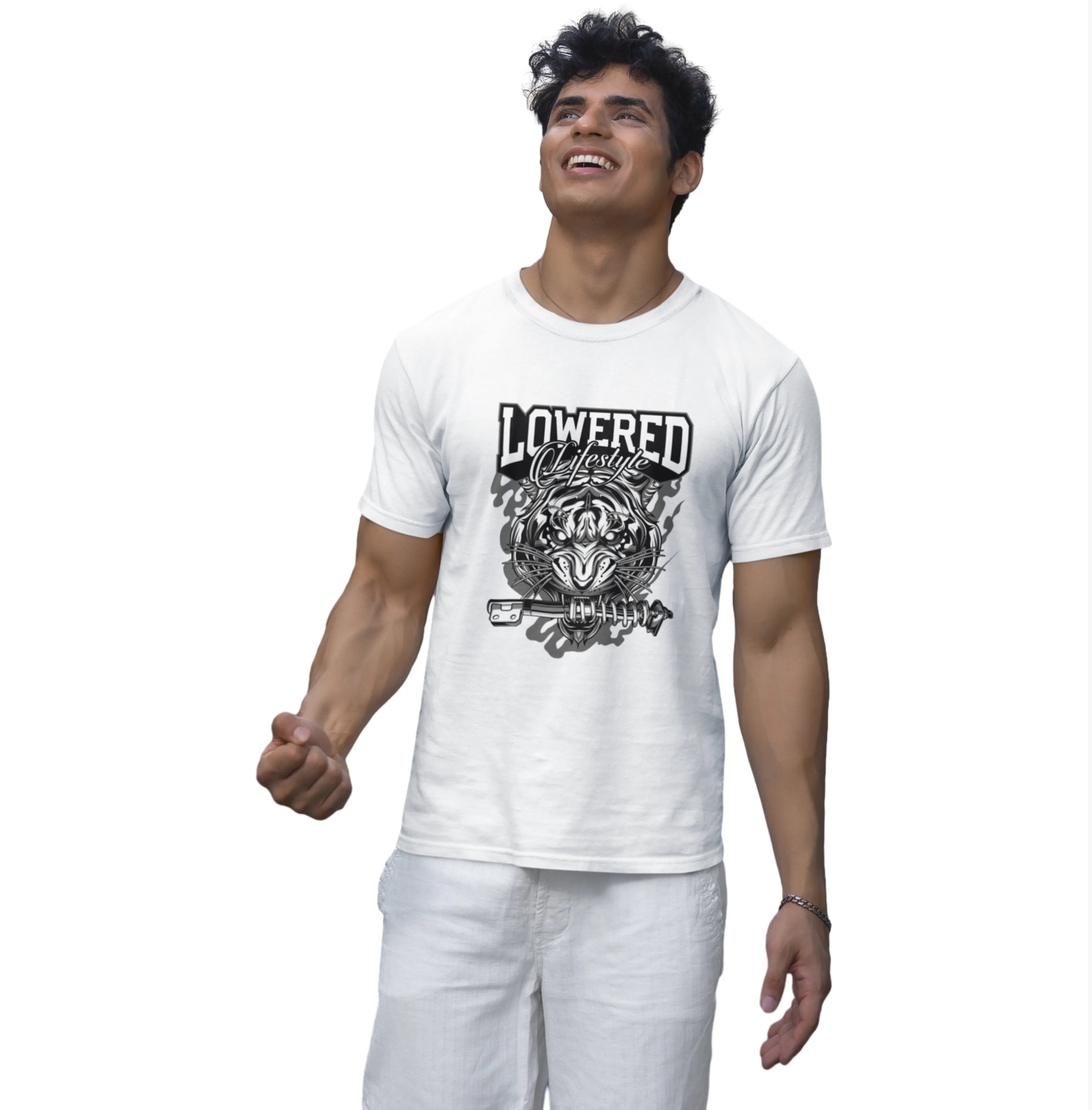 Man wearing a white t-shirt with graphic design and text on a white background