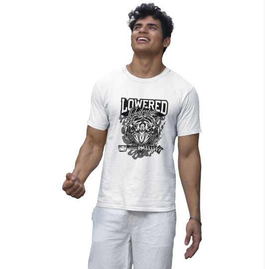 Man wearing a white t-shirt with graphic design and text on a white background