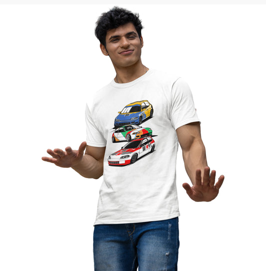 Person wearing a white t-shirt with car graphics on a white background