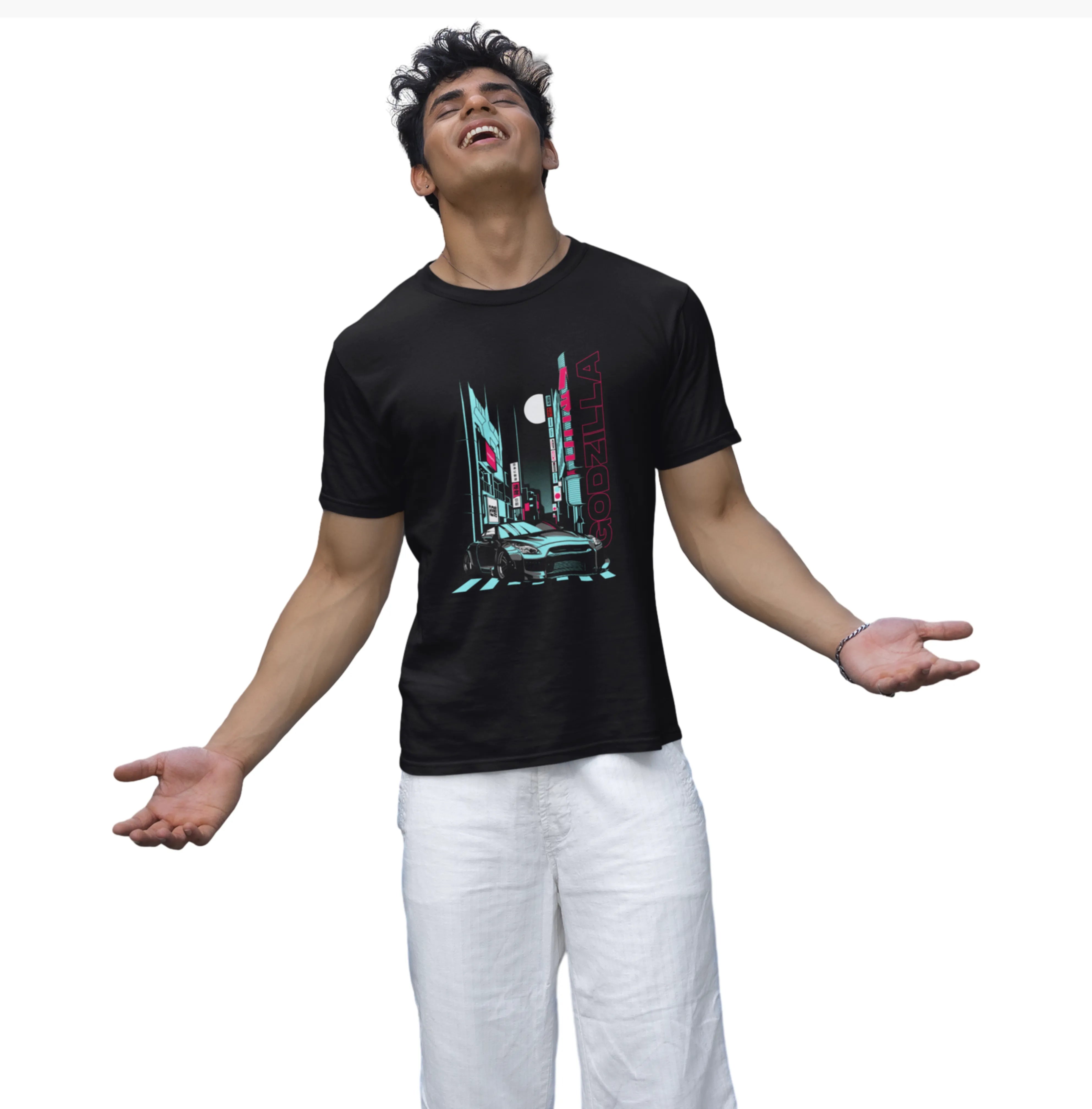 Person wearing a black t-shirt with a colorful graphic design on a white background