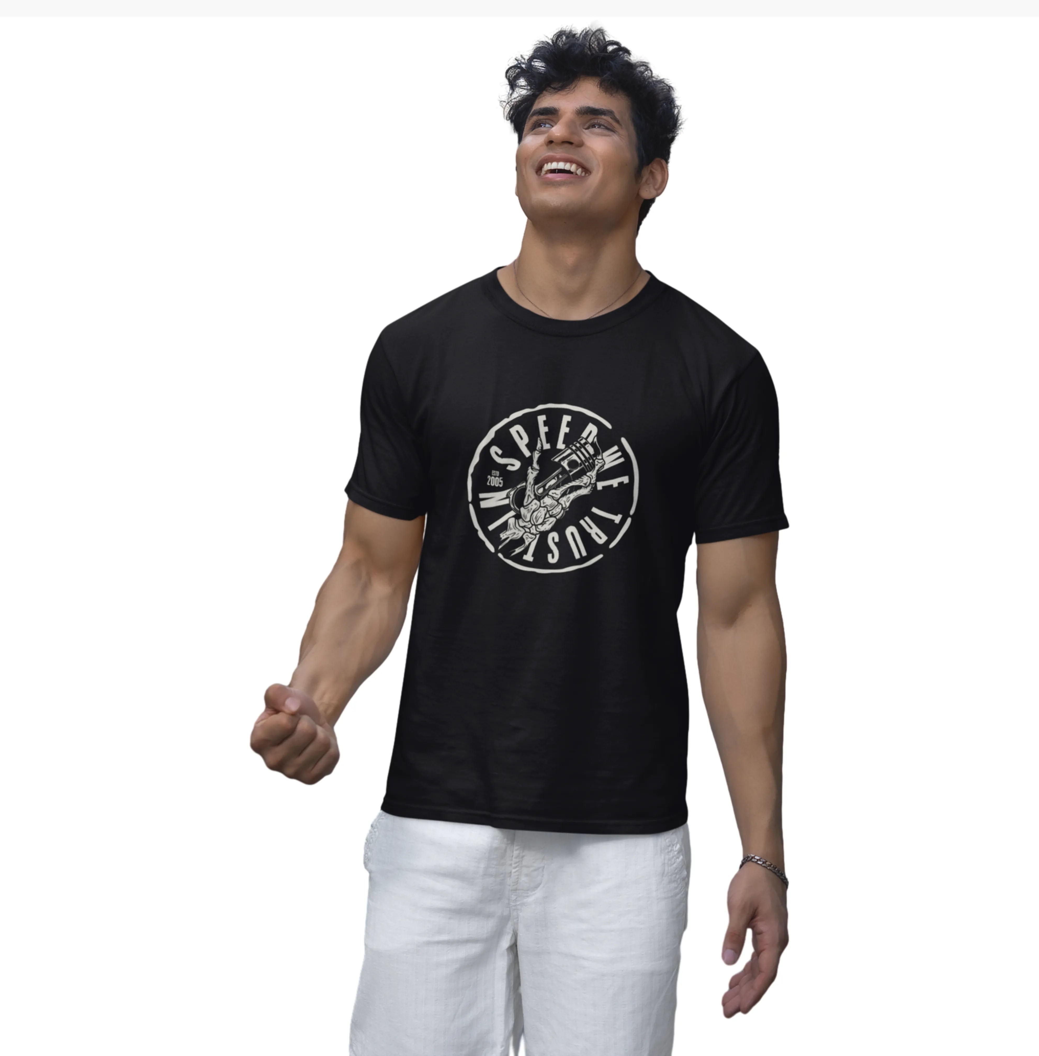 Man wearing a black t-shirt with a white graphic design on a white background