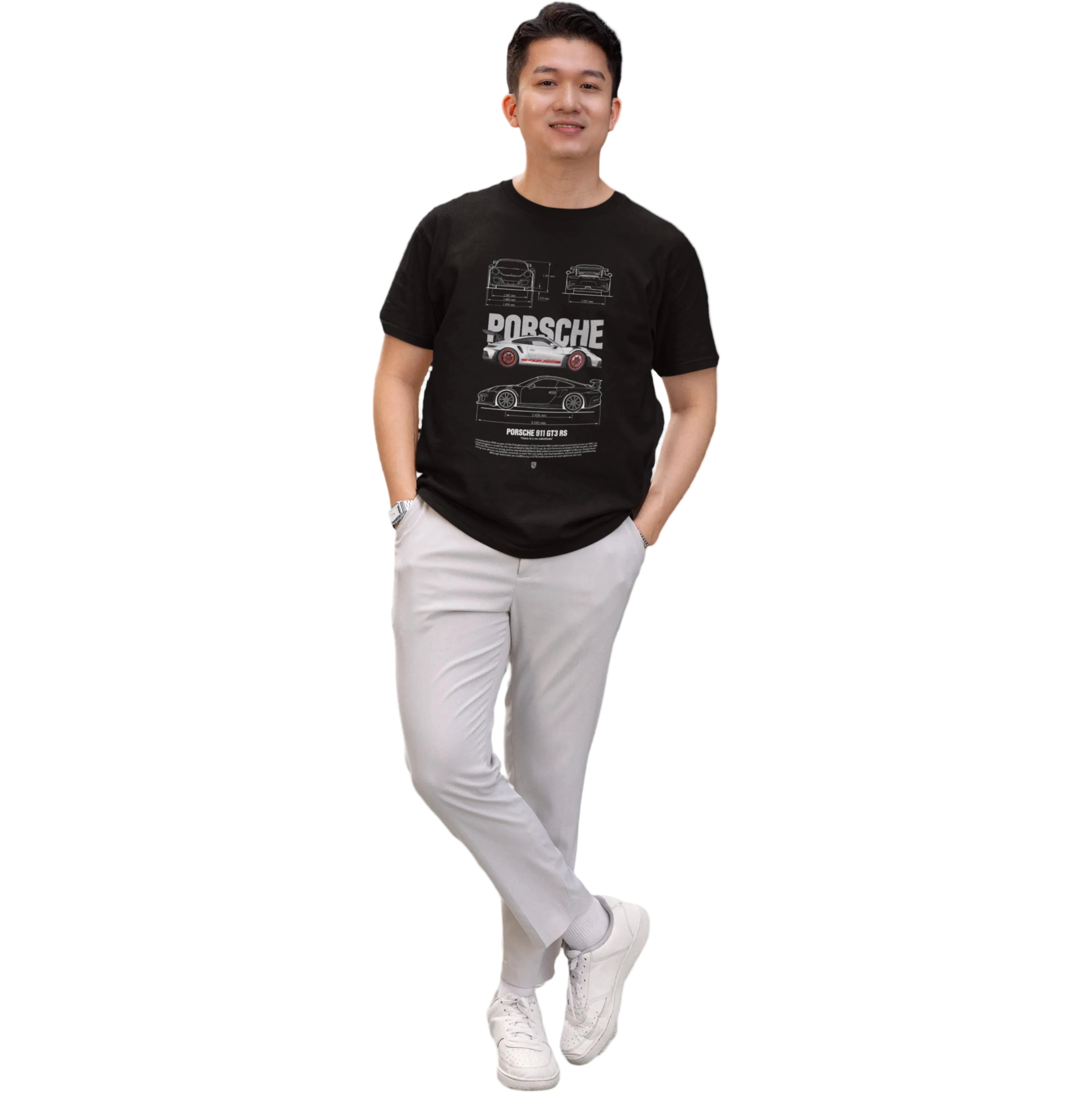 Man wearing a black t-shirt with Porsche logo and white pants on a white background