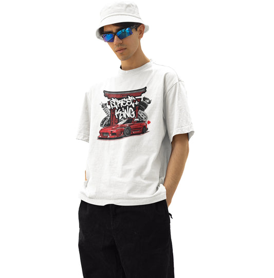 Person wearing a white t-shirt with a graphic design on a white background